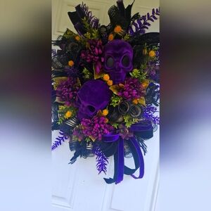 Purple Velvet Flocked Skull Wreath